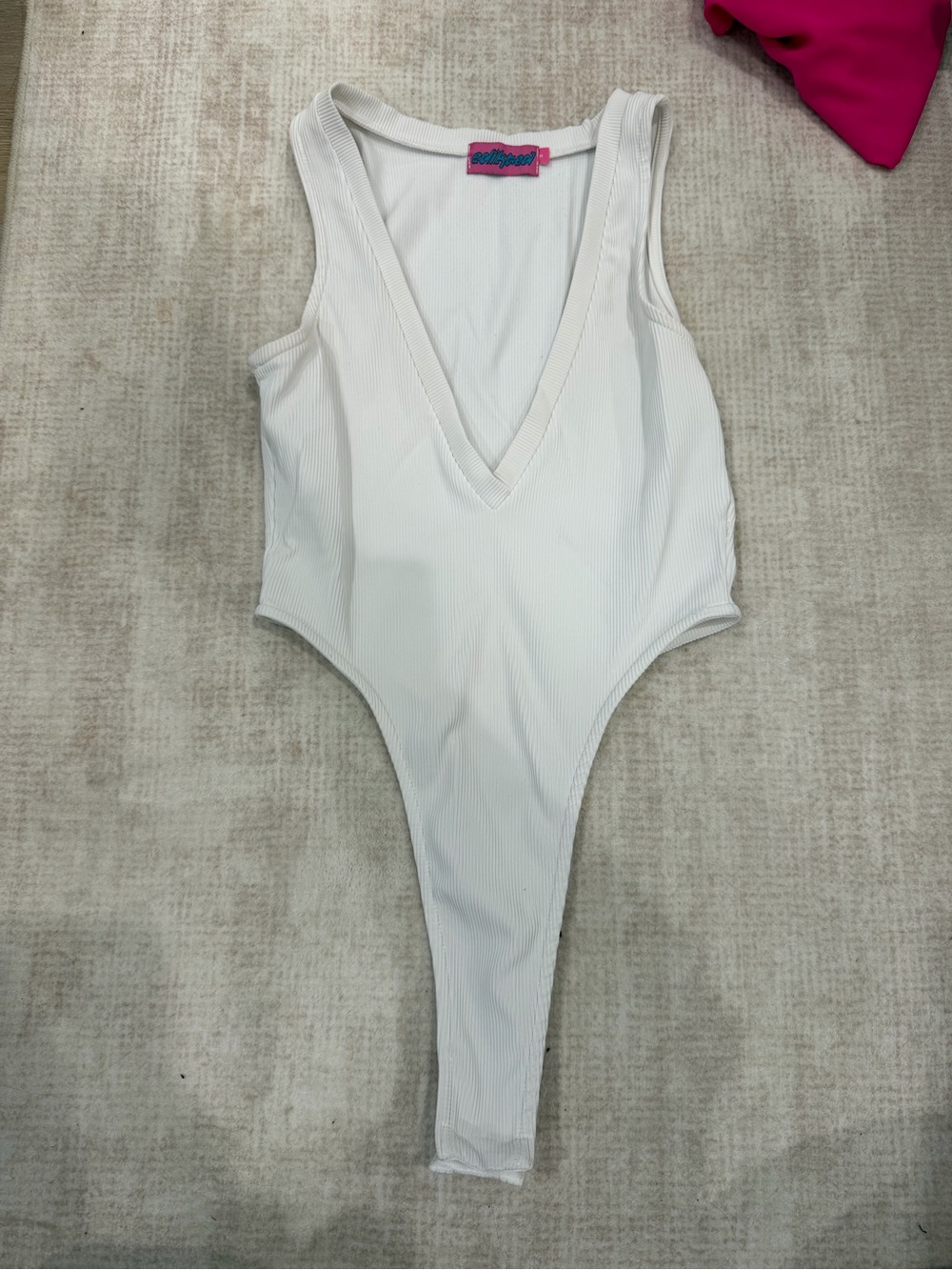 Edikted White Ribbed V-Neck Bodysuit